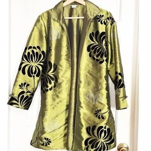 Grace Chuang Formal Jacket L Green Satin Black Felt Floral Kimono Sz M